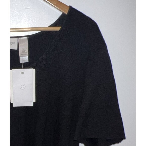 Liz Claiborne Woman's Black Linen Cotton Short Sleeve Sweater Floral Applique 2X - Picture 6 of 16